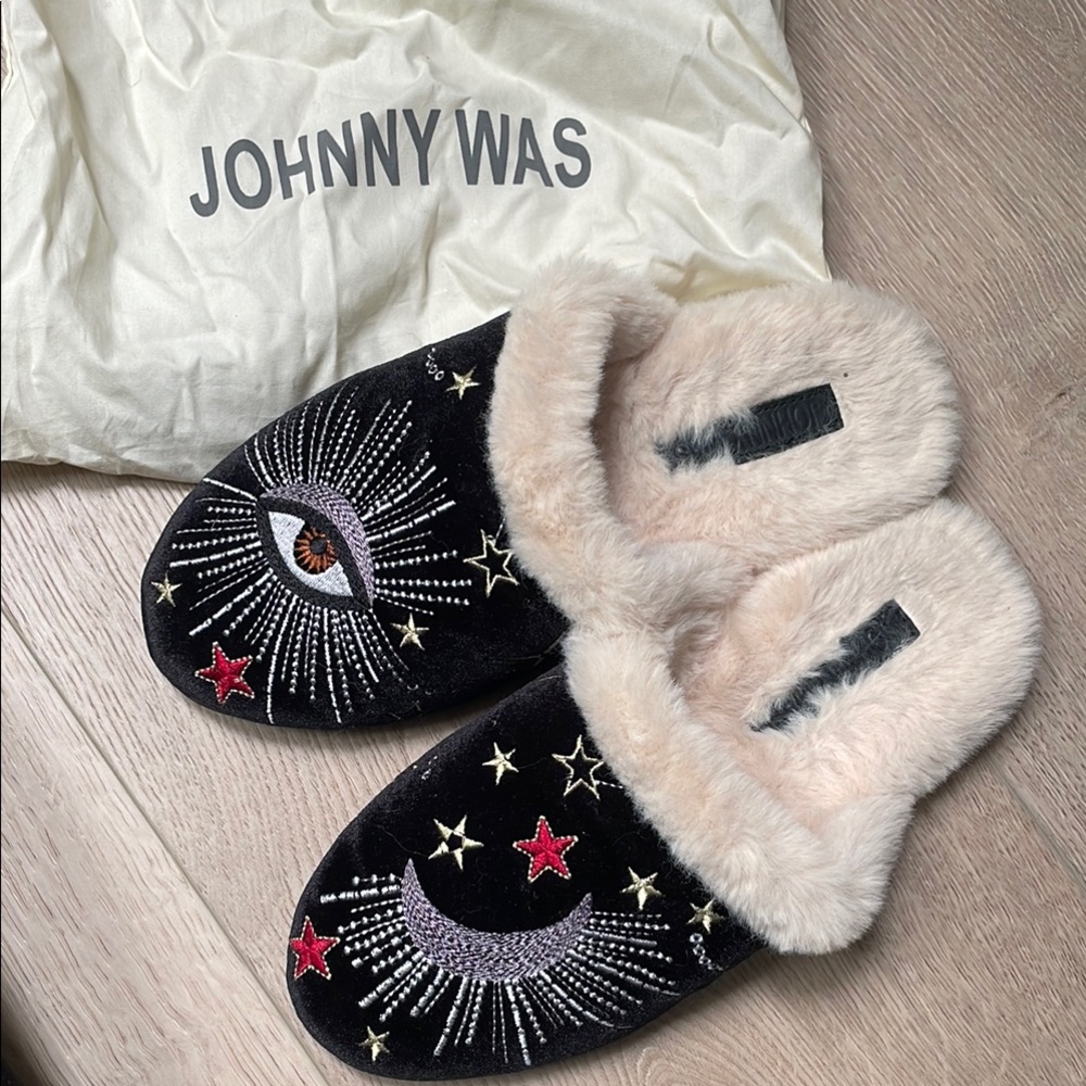 Johnny Was Black Slippers with Celestial Embroidery